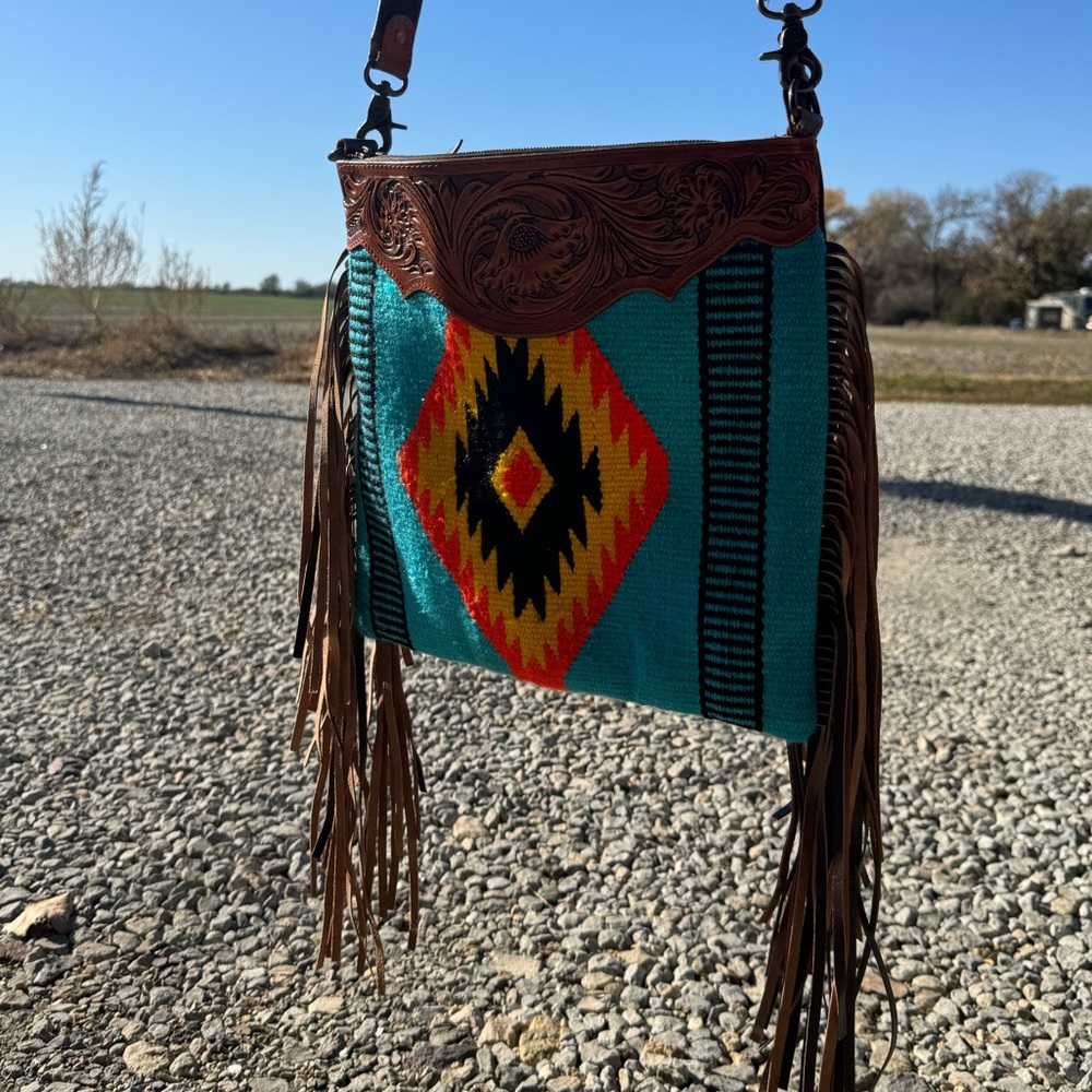 Western Linen turquoise aztec tooled purse